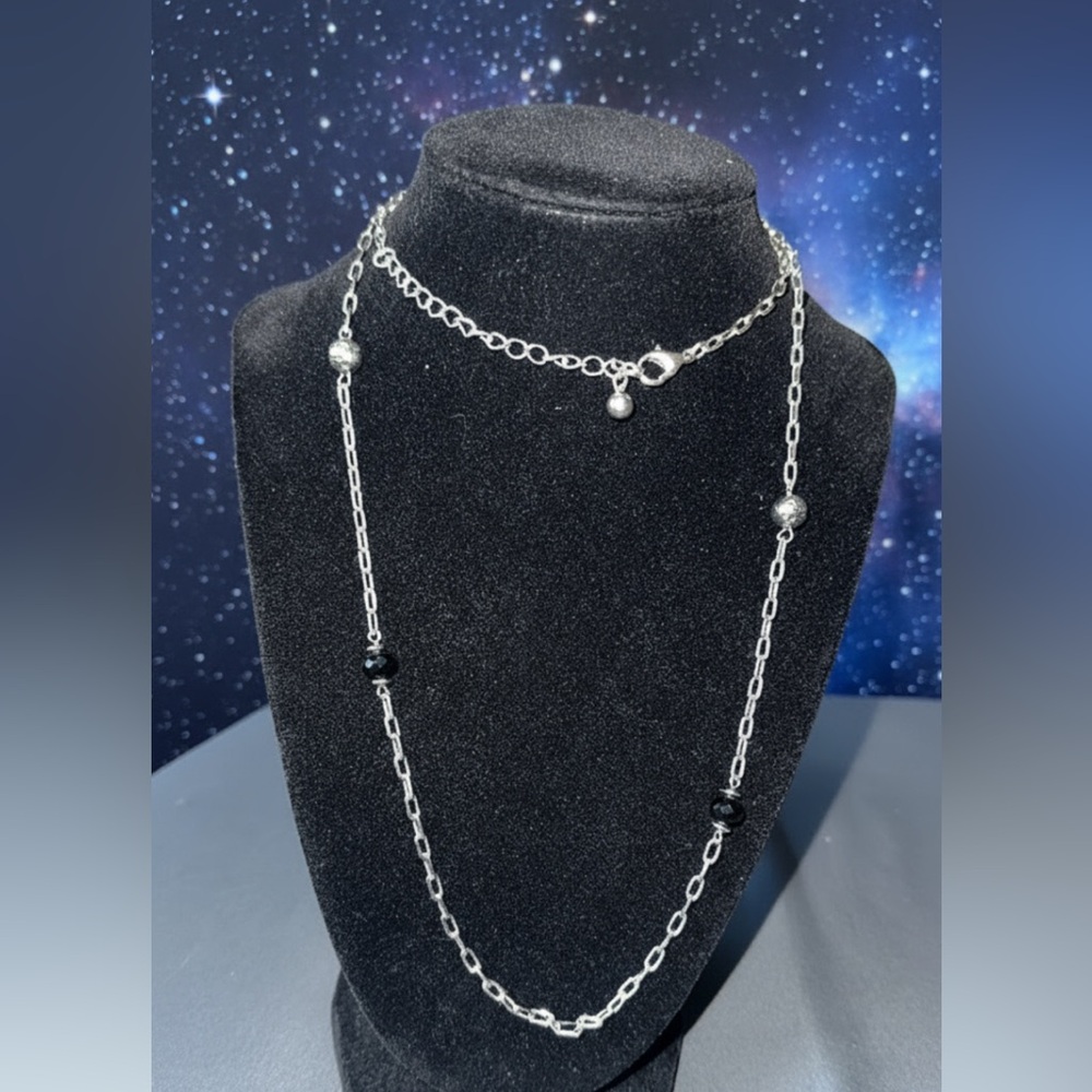 Vintage Silver and Black Crystal Bead Chain Necklace